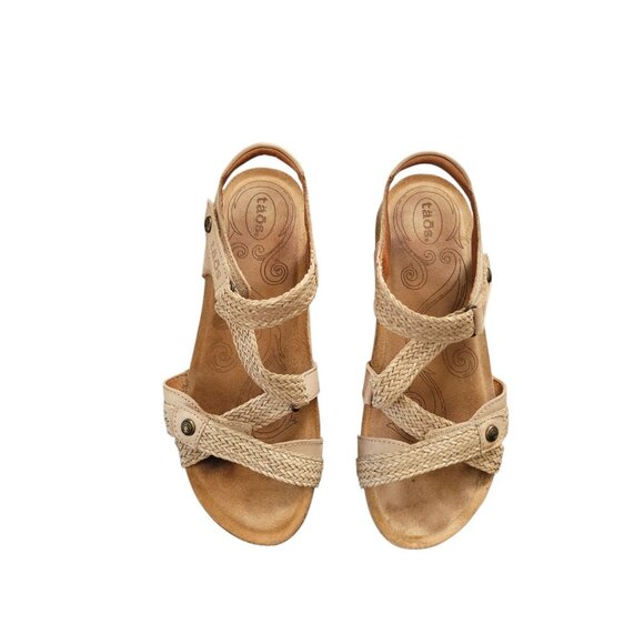 Taos Women’s Trulie Size 7 -7.5 Tan Leather Woven Cork Low Wedge Strappy Sandals - Picture 1 of 8